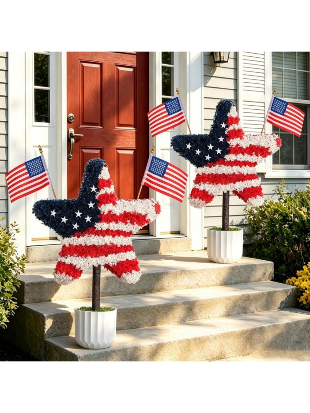 Set of 2 Artificial Boxwood Star Topiary Trees - Patriotic Outdoor Decor